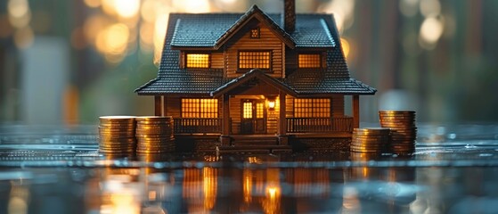 A house model with stacks of coins on top of the table Business investment for real estate concept