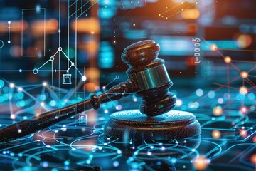 Digital gavel and networking concept representing banking regulation compliance within the finance industry