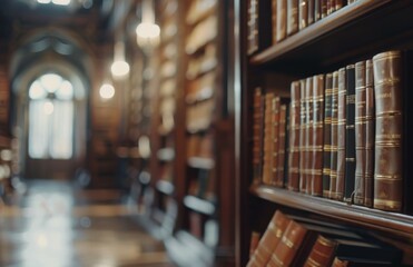 Blurry image of vintage library filled with books suitable for video conference backdrop