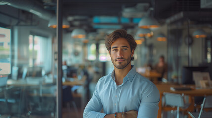Fototapeta premium A relaxed young Latin businessman in smart casual attire, enjoying a break in a modern office lounge.