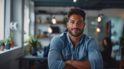 Fototapeta na wymiar A young Latin businessman with curly hair, wearing a denim shirt, smiling confidently while sitting in a modern office with plants and warm lighting.