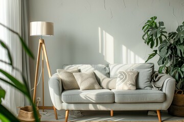 Bright living room with grey sofa lamp and plant
