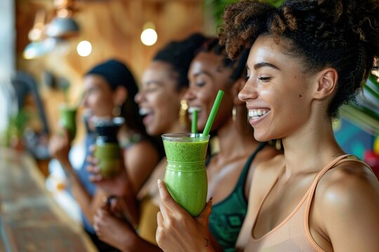 Diverse group enjoying healthy green smoothies in a fitness session - Powered by Adobe