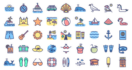 Fototapeta premium Summer Beach and Vacation Icons set. Travel, seasonal holiday objects, landscapes, surfing, activities graphic elements.