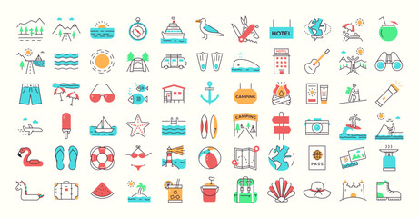 Minimalist trendy summer icons. Vector thin line graphic element illustrations with flat colors. Holiday and vacations, beach, mountain, objects, activities