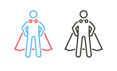 Superhero standing with hands on hips and wearing cape vector icon. Strength, protection, heroism, leadership, charisma, success and willpower in blue and red thin line