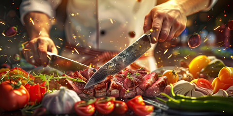 A chef prepares a delectable feast, their knife expertly slicing through the succulent meats and colorful vegetables