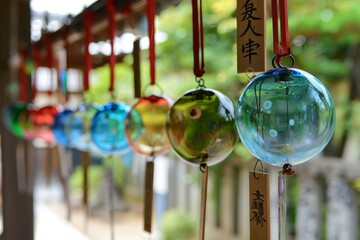 Colorful glass wind chimes in Japan create a pleasant noise in early summer