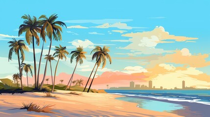 Vibrant chibistyle coastal art in digital painting, with vivid colors and stylized cartoony drawing.