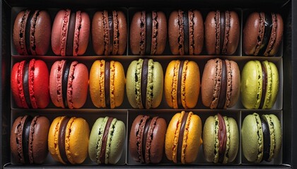 Colorful traditional French macarons neatly arranged in rows inside a box - Powered by Adobe