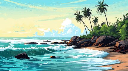 Fototapeta premium Vibrant chibistyle coastal art in digital painting, with vivid colors and stylized cartoony drawing.