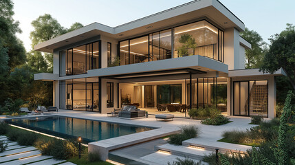 Fototapeta premium Aerial view, oblique angle, a two-story villa with pitched roof, modern creative minimalistic design, with a swimming pool and garden, two level villa, modern facade, award-winning architecture,