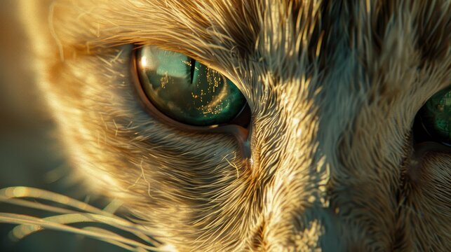 Sunlit close up of a green eyed cat s face