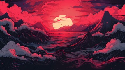 Fun and whimsical chibistyle art of mountains in vivid colors and cartoony style.