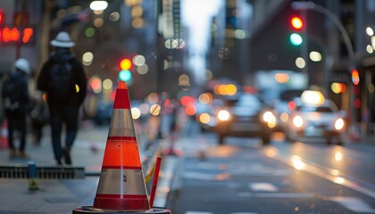 Construction zone in Sydney s CBD with defocused traffic controller using red and white witches hat cone signs