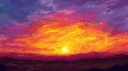 A stunning sunset paints the sky in vibrant red, purple, and yellow hues.