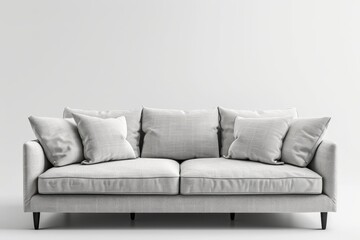 Contemporary light gray sofa with white studio background and 3 seater cushions
