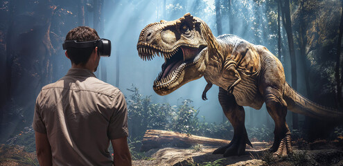 Man viewing immersive 3D spacial video of a dinosaur with VR headset