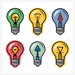 Six stylized light bulb icons representing different ideas concepts, colorful cartoon design. Light bulbs contain symbols person, clock, rocket, arrow, sand clock, isolated white background