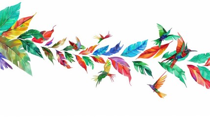 wallpaper with colorful  branches, leafs and birds on a white background