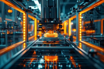 Naklejka premium High-tech automated machinery in a futuristic factory setting with vibrant lighting. Represents advanced technology and industrial automation.