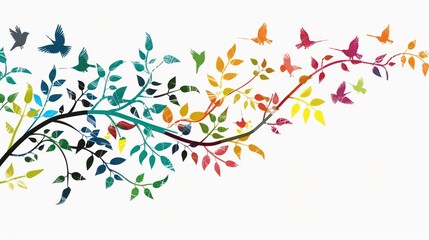 wallpaper with colorful  branches, leafs and birds on a white background