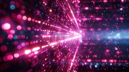 Fototapeta premium Vibrant Abstract Digital Art: Futuristic Neon Lights and Cyber Data Stream with Bright, Dynamic Colors, Illuminating High-Tech Visualization and Glowing Fiber Optics in Motion