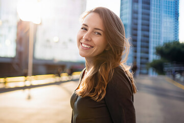 Fototapeta premium portrait of a smiling woman, happy student outdoor, teenager laughing