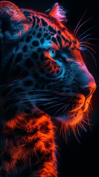 Striking Portrait of a Leopard Illuminated by Neon Lights, Showcasing Vibrant Colors and Dramatic Lighting. Perfect for Creative, Wildlife, and Digital Art Projects Highlighting Exotic Beauty