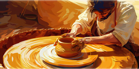 A skilled potter works diligently at their wheel, creating a beautiful work of art from the earth's clay