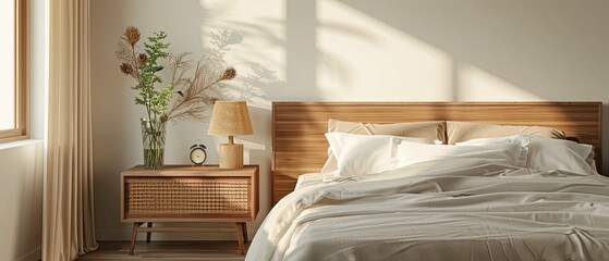 A bedroom with a wooden bed and a wooden nightstand