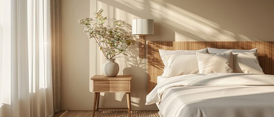 A bedroom with a white bed, white pillows, and a wooden nightstand
