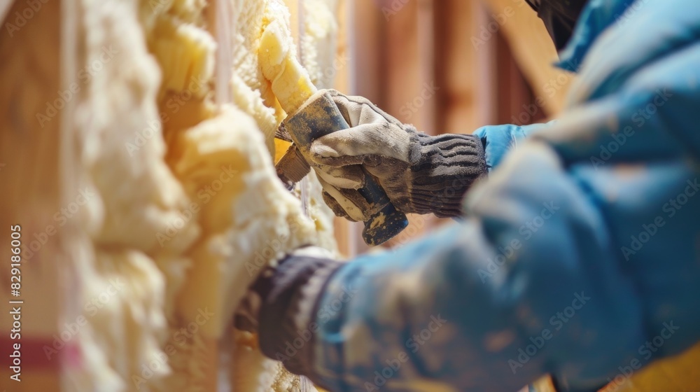 Poster skilled workers use specialized tools to attach layers of foam insulation to the insides of walls cr