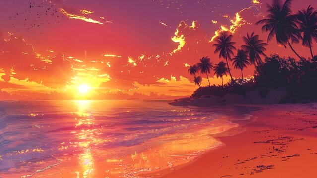 Panorama of beach in summer at sunset or sunrise with gentle waves. Looping time-lapse animation background