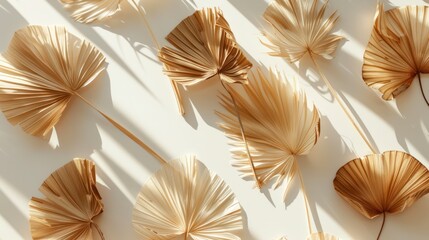 Dried palm leaves decoration on white wall background with daylight shadow. Aesthetic home interior decoration.