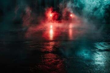 Fototapeta premium Dark empty street with abstract neon lights smoke and a searchlight reflecting on wet asphalt
