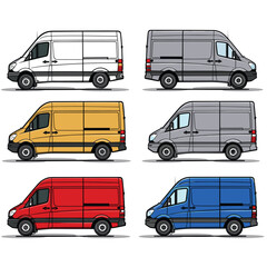 Six delivery vans side view, various colors including white, gray, yellow, red, blue. Commercial vehicle fleet, cargo transport service, logistics shipping. Isolated white background, detailed