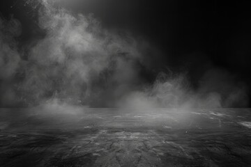 Dark room concrete floor with product placement background Abstract fog on black backdrop