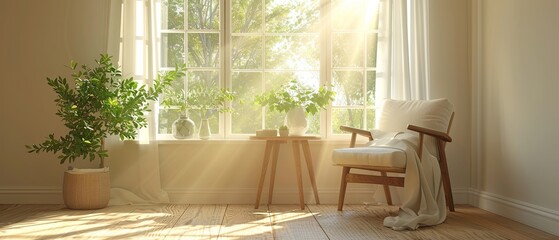 A room with a chair, a table, and a potted plant