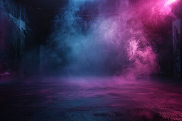 Fototapeta premium Dark street with concrete and asphalt neon light smoke spotlight