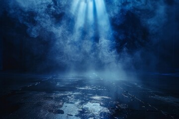 Dark street with wet asphalt reflects rays on surface abstract blue background with smoke and smog Empty scene with neon light and spotlights on concrete floor