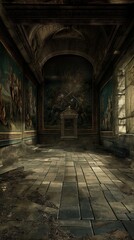 An empty throne room, its walls adorned with ancient tapestries depicting battles of yore. The air is heavy with the scent of age and neglect, yet there is a haunting beauty to the silent chamber. 