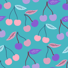 Cute seamless pattern with simple cherry elements in delicate pastel colors. Vector illustration.