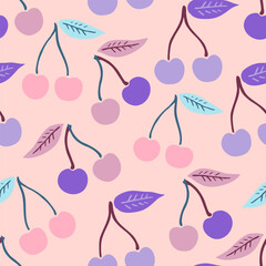 Cute seamless pattern with simple cherry elements in delicate pastel colors. Vector illustration.