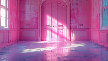 3d rendering, open double doors inside the pink room.