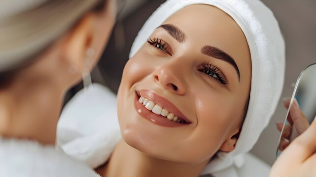 Beautician Presenting Mirror to Client with New Eyelash Extensions