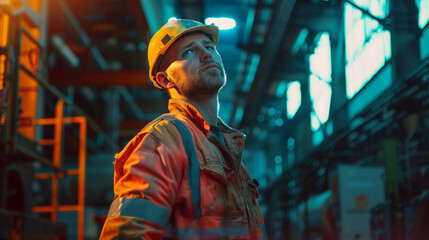 Petrochemical processing plant. Portrait of a tired worker. A male locksmith in a construction uniform and a yellow helmet looks up at something