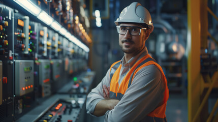 The engine room operator in a protective vest, white helmet and glasses stands in front of the control panel. Portrait of a successful confident man