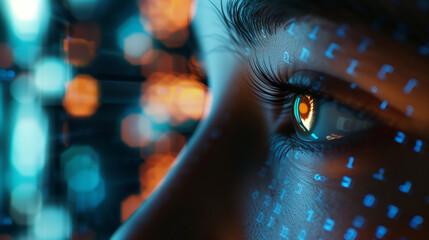 Close-up of a woman's eye. Biometric identification of a person. The concept of artificial intelligence. The face of a young woman