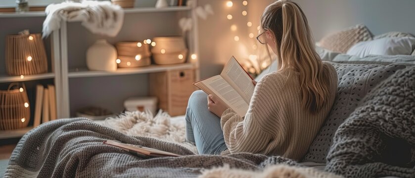A girl is reading a book in a cozy bedroom - Powered by Adobe